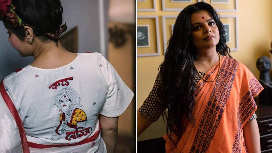 A cotton blouse by Parama featuring cheeky Bengali text and (left) and Parama Ghosh