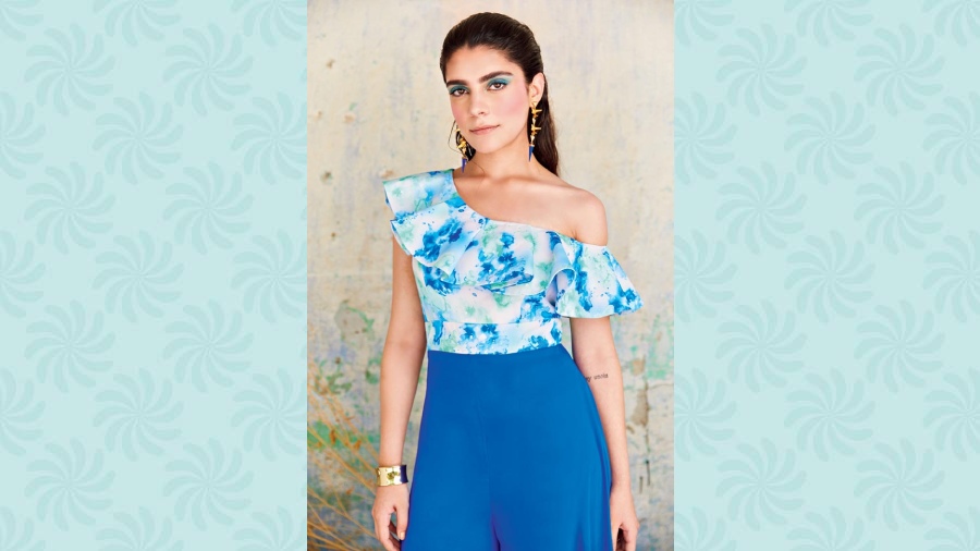 Blues feature prominently in Neha’s collection and this one’s crisp and smart. Neha feels this is a great holiday pick.