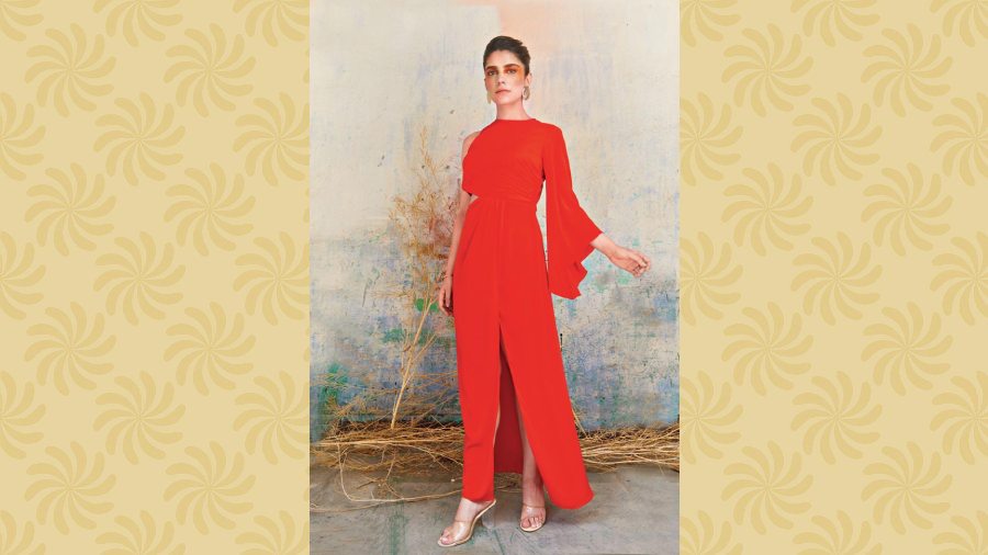The statement red slit dress is a great choice for a night out with your girlfriends, says Neha. “It’s the silhouette and the colour that stand out,” she says.