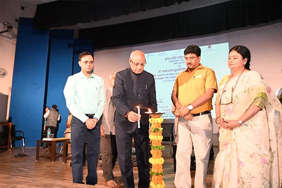 Jharkhand Governor Ramesh Bais lights the inaugural lamp at the programme at DPSMU, Ranchi, on Wednesday.