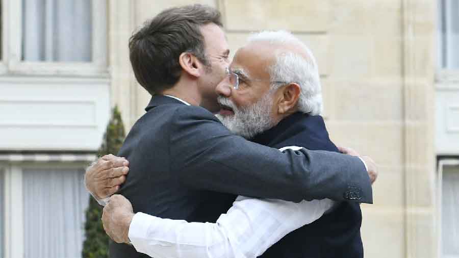 France President Emmanuel Macron with Prime Minister Narendra Modi
