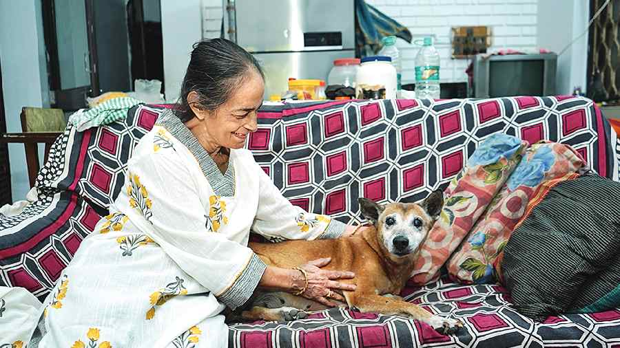 Anjali Dutta with one of the 10 rescued dogs in her CJ Block house.  
