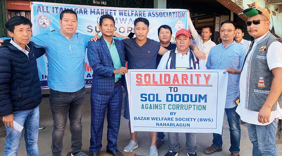 Sol Dodum in grey tee with his supporters in Itanagar.