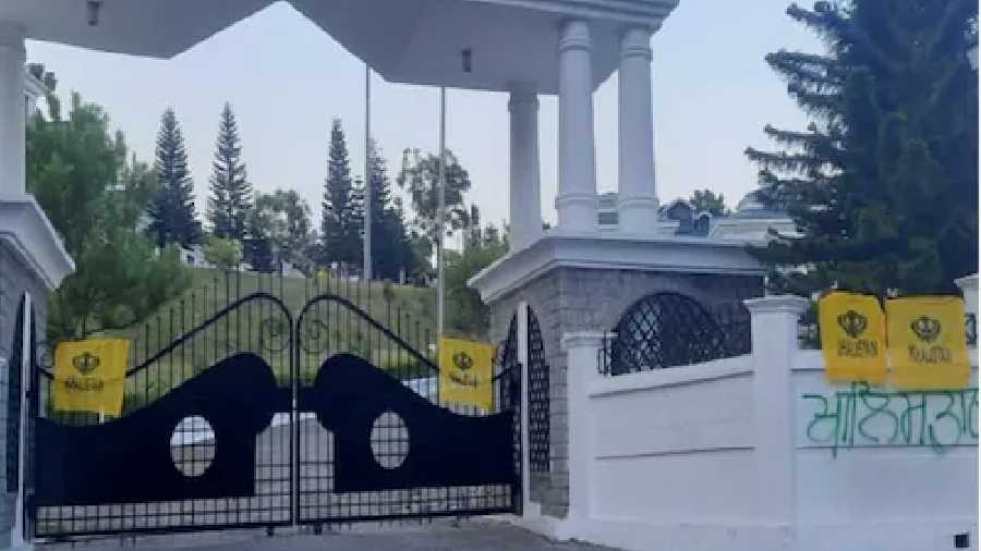 Visuals from outside Himachal Pradesh Assembly gate indicate Khalistan flags that have been put up in the region