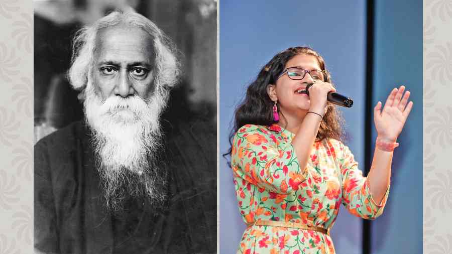 (L-R) Rabindranath Tagore; Suchetha Satish sings Rabindrasangeet in Arabic at the consulate event in Dubai