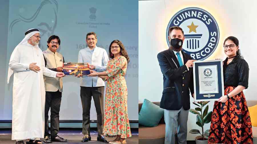 The album being released on Friday by the consul general of India, Aman Puri (second from right), with Shihab Ghanem,  Dev Chakraborty and Suchetha Satish. (Right) Suchetha being handed the Guinness record in August 2021