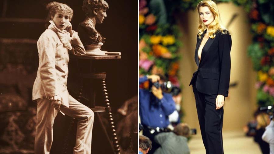 Sarah Bernhardt who first wore men’s pantsuits in the 1800s (left) and Claudia Schiffer in a YSL Le Smoking suit 