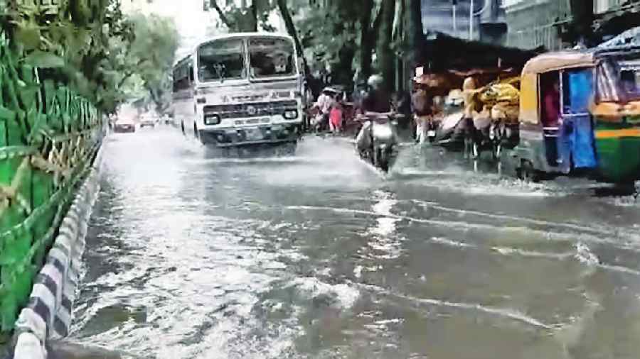 Vehicles on a waterlogged stretch in Sector V on Monday