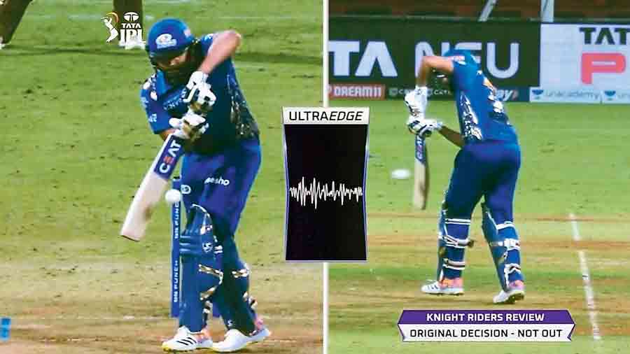 A screen shot of Mumbai captain Rohit Sharma’s dismissal, caught behind off Tim Southee’s bowling