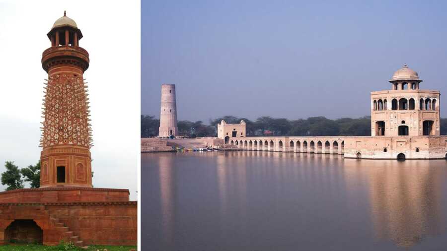 (Left) the Hiran Minar in Fatehpur Sikri, Agra, and (right) in Sheikhupura, Pakistan Wikimedia Commons 