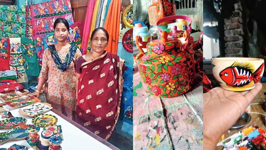 Madhumita Chitrakar with her mother at the exhibition; (right) some of her products