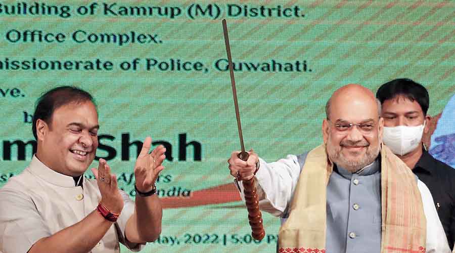 Amit Shah with a ‘hengdang’ sword at Sankaradev Kalakshetra in Guwahati at the foundation stone laying event for projects on Tuesday.