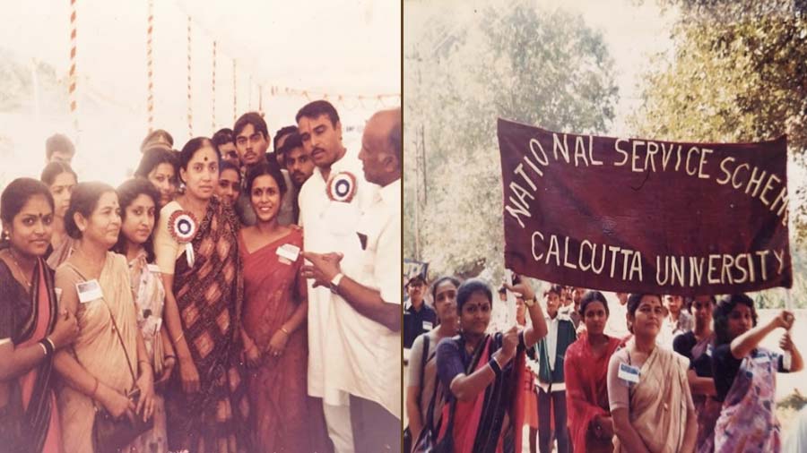(L) Bela Bose (second from left) meets Margaret Alva in the 1980s, with NSS students of Calcutta University in Allahabad ; (R) The NSS volunteers make a banner out of a shawl and paper cuttings at the National Integration Camp in Allahabad