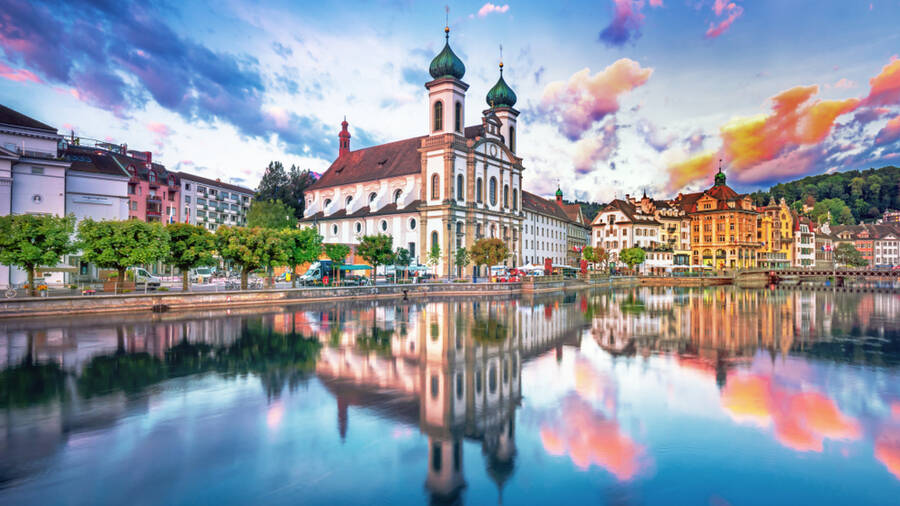 Sunrise in the historic city centre of Lucerne