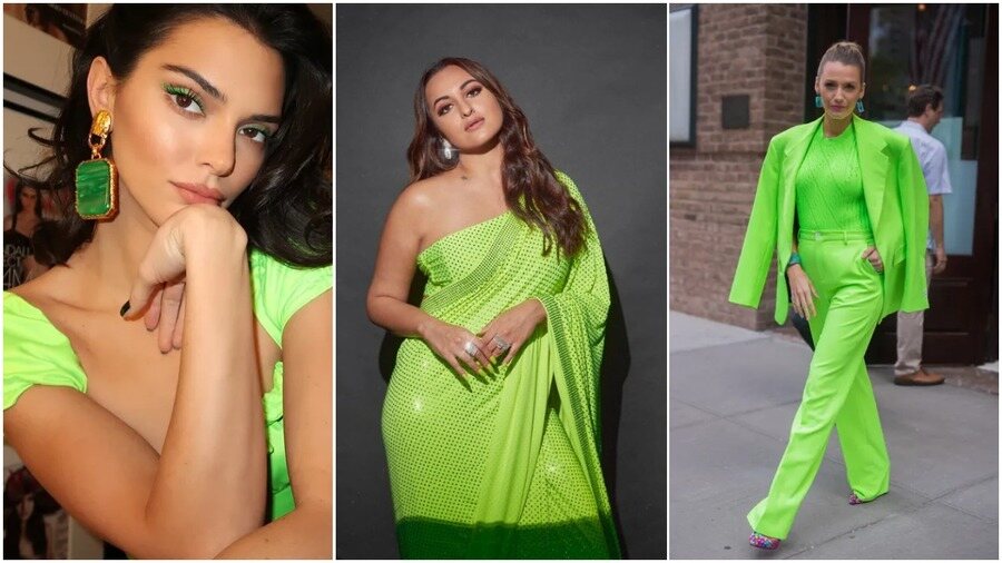 Kendall in a lime green top by I Am Gia, Sonakshi in a sari by Itrh and Blake in a lime suit by Versace