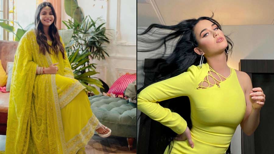 Shaheen Bhatt wore a lime-hued set by Manish Malhotra, for Alia’s wedding and Katy Perry wears a lemon-coloured bodycon number 