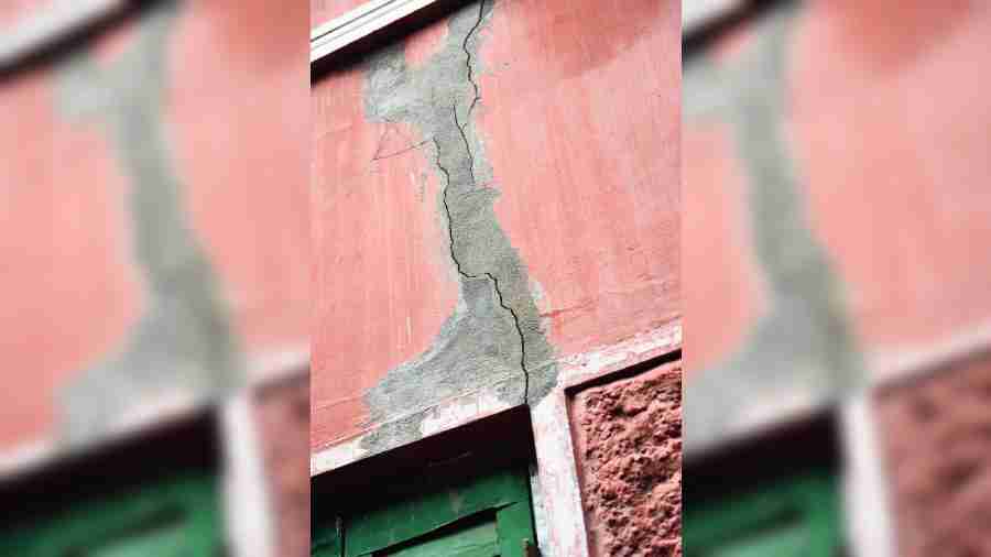 A crack on a wall of a house at 19/1A Durga Pituri Lane in Bowbazar on Thursday. 