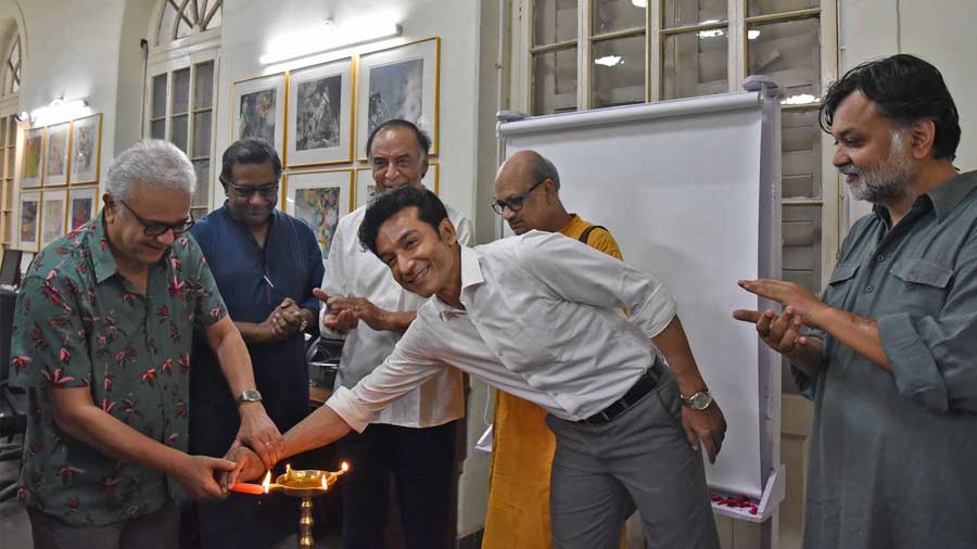 Eminent personalities from the Bengali film industry during the inauguration ceremony of the Presidency University Museum gallery in memory of Satyajit Ray on Friday