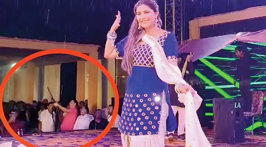 Popular singer and dancer Sapna Choudhary performs in Rohtas district on Wednesday evening.