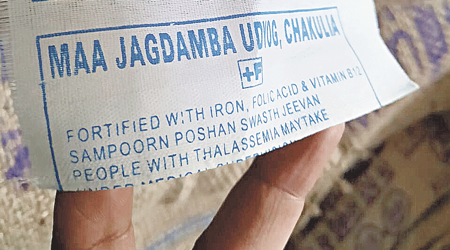A label on a rice sack at a rice mill in Chakulia in East Singhbhum indicates that those with thalassemia should take the rice under medical supervision.