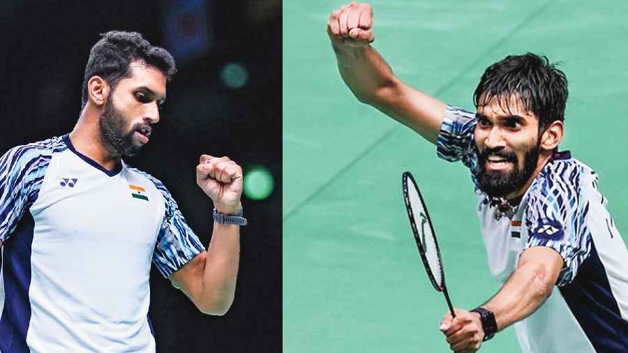 (Left) HS Prannoy during his crunch match against Rasmus Gemke and (right) Kidambi Srikanth celebrates after defeating Denmark’s Anders Antonsen during their men’s singles semi-final match at the Thomas Cup in Bangkok on Friday. 