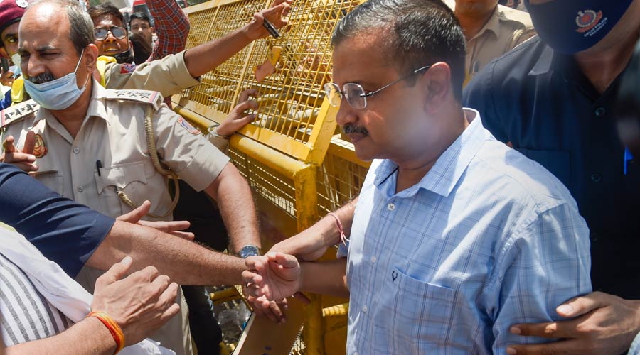 Delhi CM Arvind Kejriwal at the site, after a massive fire at an office building near the Mundka Metro Station, in West Delhi on Saturday.