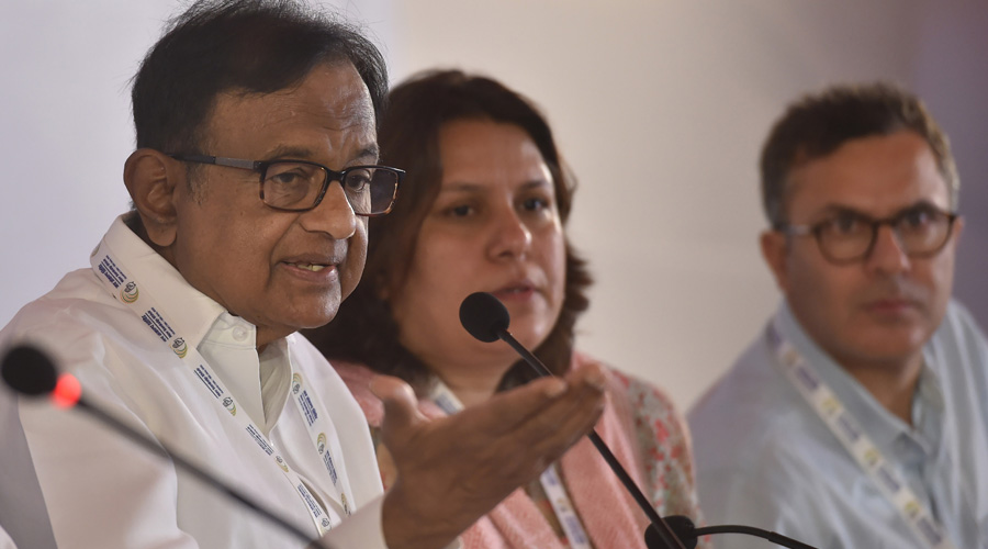 Congress leader P Chidambaram addresses a press conference during the Congress partys Nav Sankalp Shivir, in Udaipur on Saturday. Congress leader Supriya Shrinate is also seen.