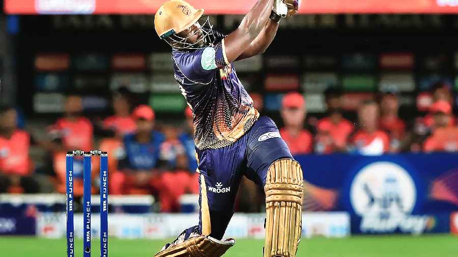 Man of the Match Andre Russell of Kolkata Knight Riders during his unbeaten 49 off 28 balls against Sunrisers Hyderabad at the MCA Stadium in Pune on Saturday. 
