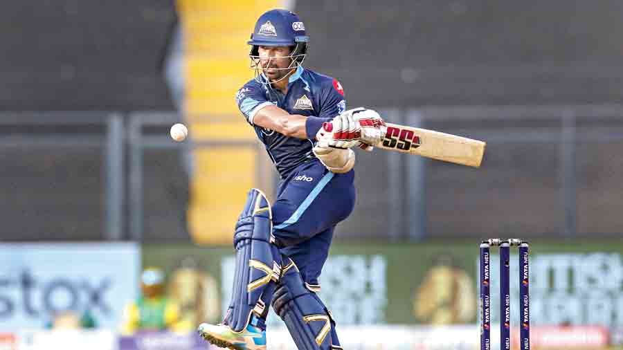 Wriddhiman Saha of Gujarat Titans on way to his unbeaten 67 against  Chennai Super Kings at the Wankhede on Sunday.