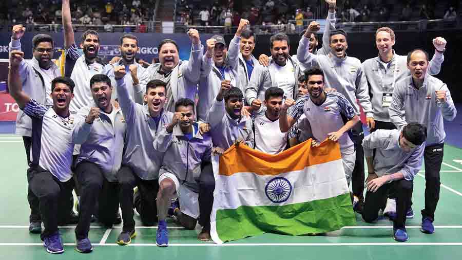 Indian badminton team after winning the Thomas Cup.