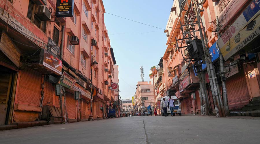 Chowk-Maidagin road wears a deserted look during a videographic survey of Gyanvapi Masjid complex , in Varanasi