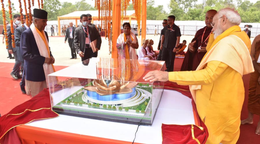 Prime Minister Narendra Modi and Nepal PM Sher Bahadur Deuba during the foundation ceremony of the India International Centre for Buddhist Culture & Heritage, in Lumbini.