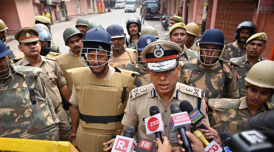 Commissioner of Varanasi Deepak Agrawal interacts with media during the third and last day of a videographic survey at Gyanvapi Mosque complex, in Varanasi, Monday, May 16, 2022. 