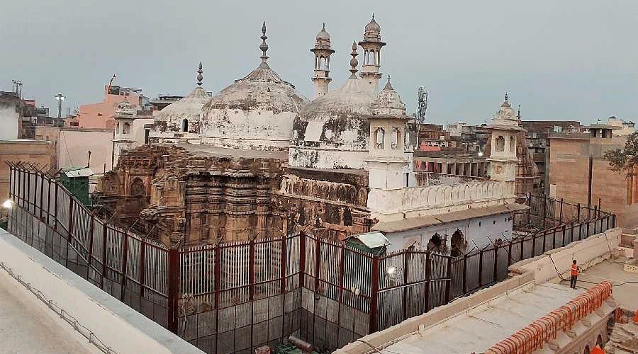 View of Kashi Vishwanath Temple Dham and Gyanvapi Masjid complex in Varanasi