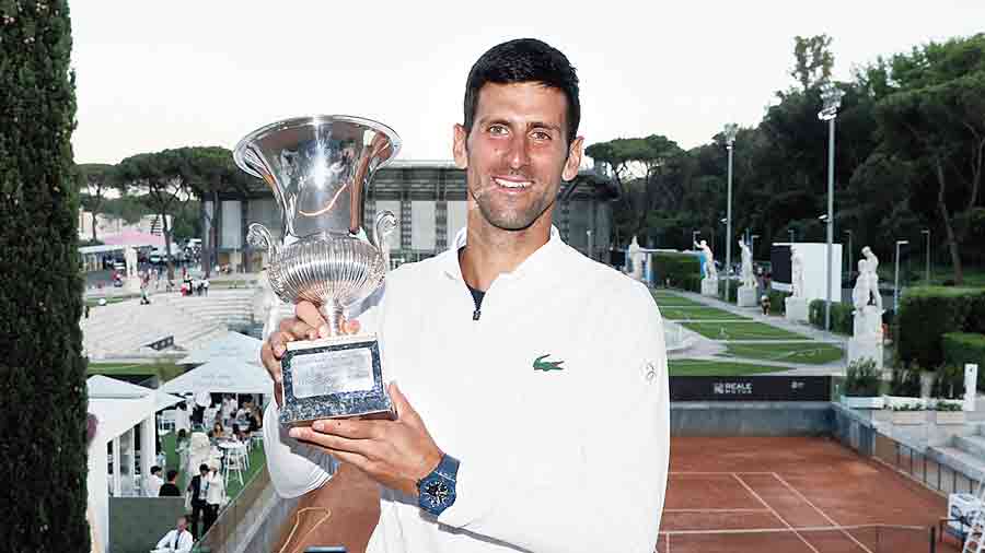 Novak Djokovic with the Italian Open trophy  in Rome on Sunday