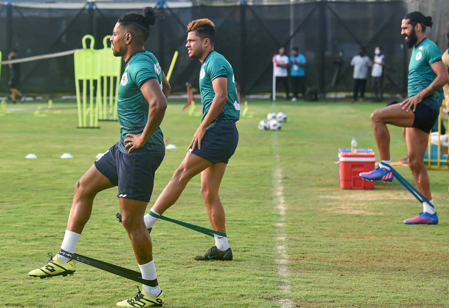 ATK Mohun Bagan players during a training session on Tuesday. The club will face Gokulam Kerala FC in an AFC Cup group stage match on Wednesday at the Salt Lake stadium 