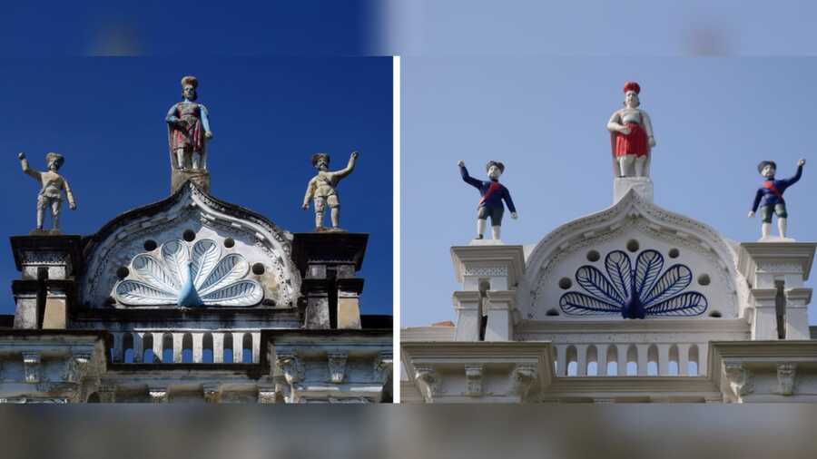 The notable trio of figurines at the entrance of the Ballav mansion, photographed six years apart