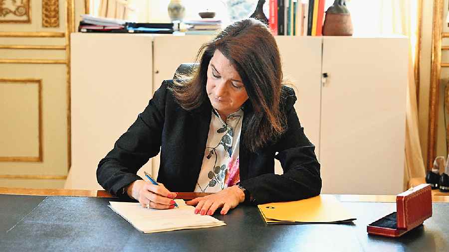 Sweden’s foreign minister Ann Linde signs the country’s application for Nato membership in Stockholm on Tuesday. 
