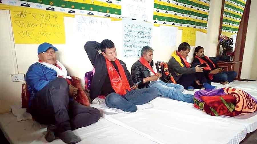 Morcha supporters at the hunger strike at the party office in Singmari, Darjeeling, on Tuesday