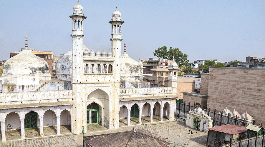 The Gyanvapi Mosque after its survey by a commission in Varanasi on Tuesday.