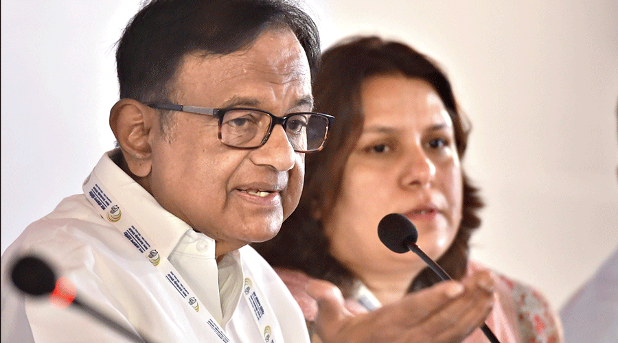 P Chidambaram addresses a Congress news conference on May 14.