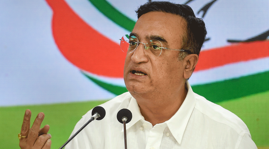Ajay Maken addresses a press conference at AICC office in New Delhi on Tuesday.