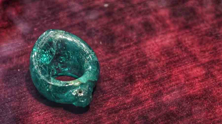 Emperor Shah Jahan’s emerald ring on display on Wednesday. This ring was an instrument  to facilitate using a bow and arrow