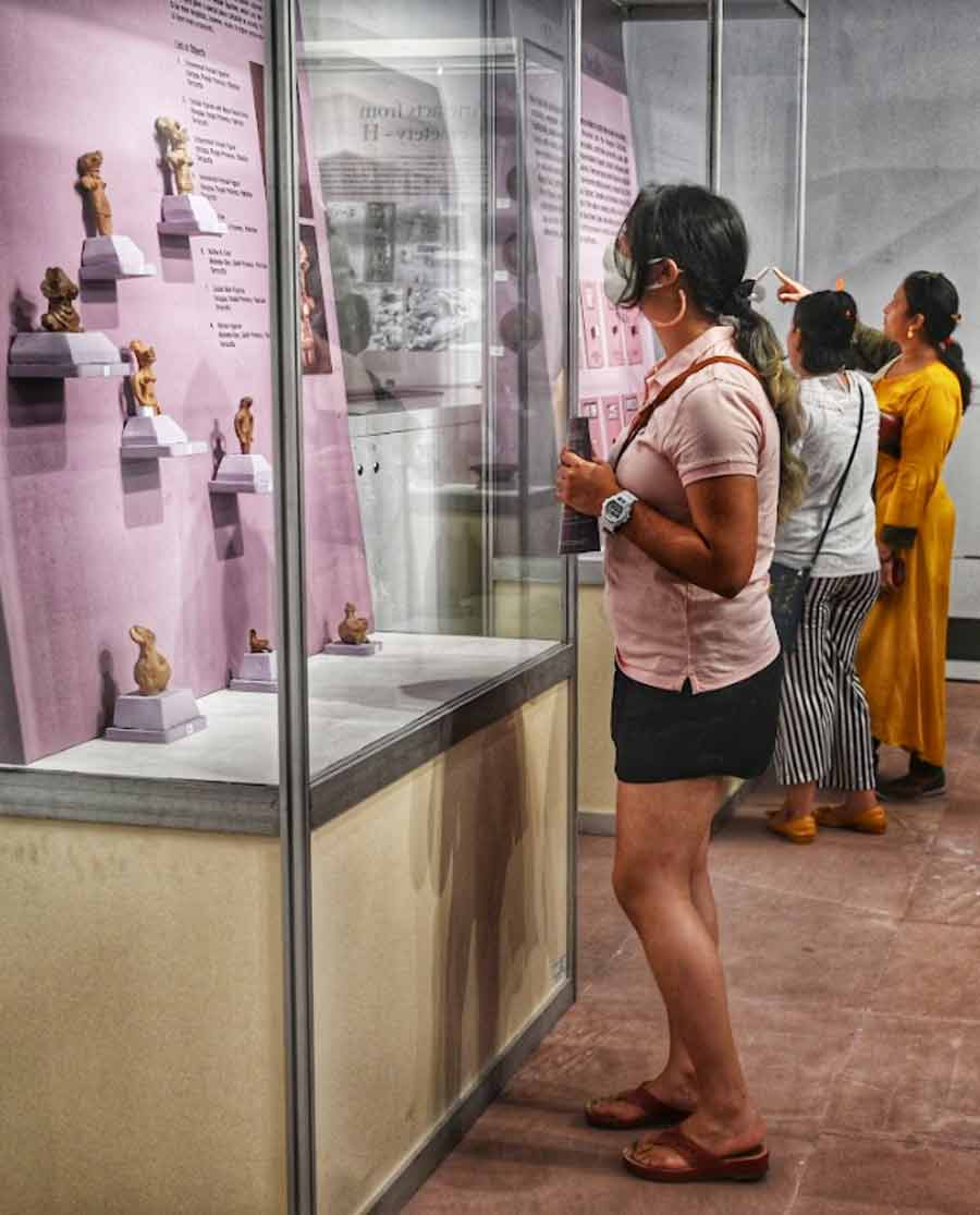 A visitor looks at the Harappan human figurines on display at the Indian Museum on Wednesday