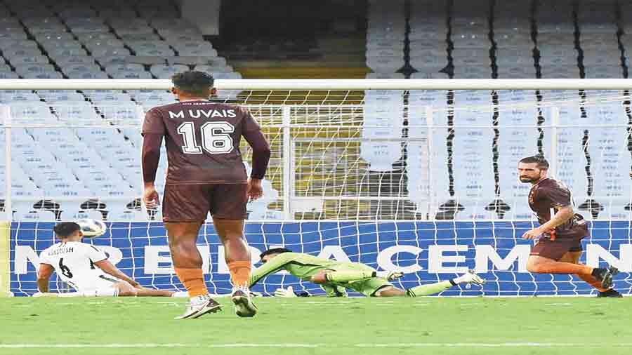 Luka Majcen scores Gokulam Kerala’s third and his second goal against ATK Mohun Bagan at the Salt Lake Stadium on Wednesday.
