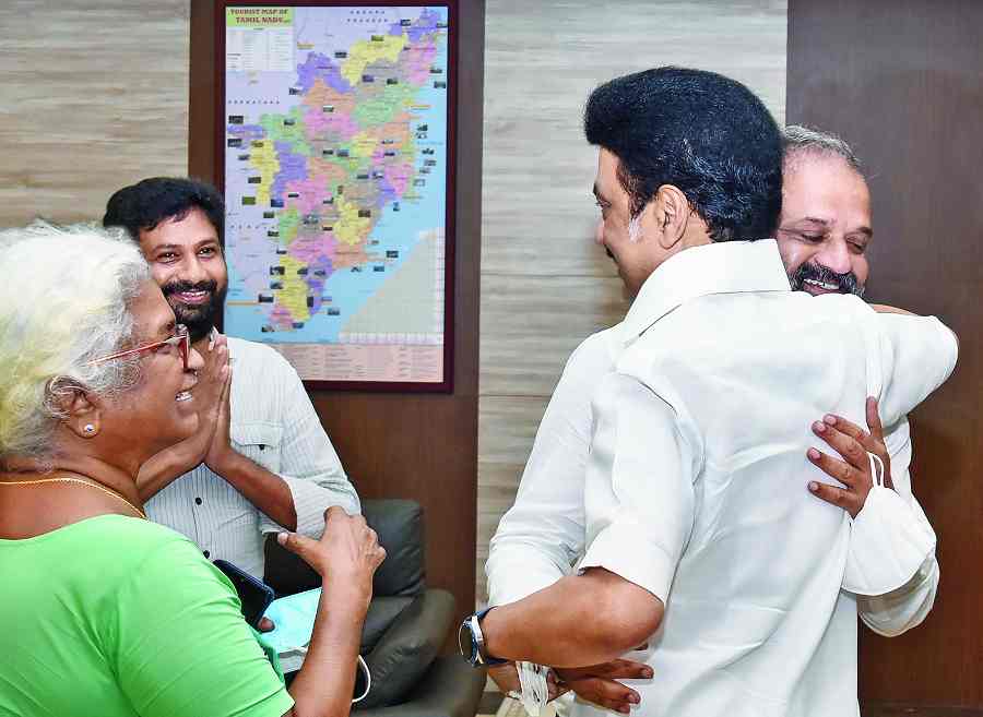 Tamil Nadu chief minister MK Stalin hugs Perarivalan  in Chennai after the Supreme Court released him  on Wednesday.