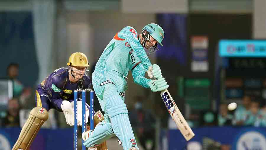 Quinton de Kock during his unbeaten 140 off 70 balls, his highest IPL score ever, against KKR at the DY Patil Stadium on Wednesday.