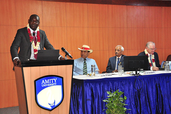Sanni Yaya, vice-president, International, University of Ottawa speaks at Amity University, Noida.