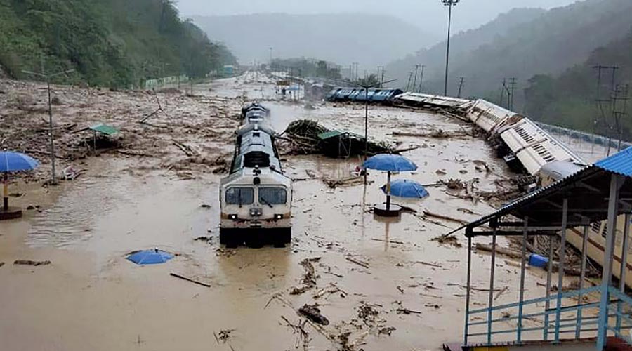 View of damaged New Haflong railway station following a landslide due to heavy rainfall, in Dima Hasao district