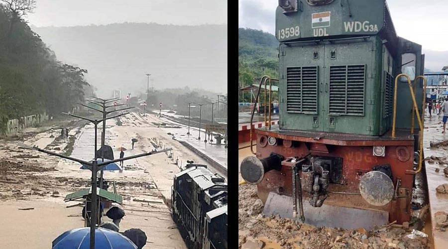 A train stranded due to heavy rainfall in the Dima Hasao district. At least three people were killed in landslides in Dima Hasao district of Assam, an official said.